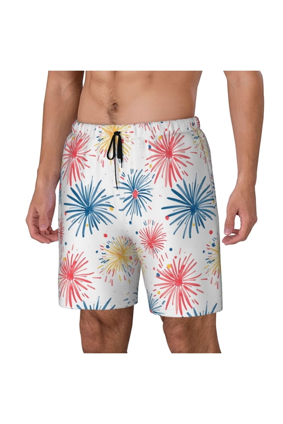 Bright Colorful Fireworks Pattern Men’s Swim Shorts with Compression Liner – Double-Layered Quick-Dry Swimwear, Comfortable & Stretchy Beach Shorts-Small