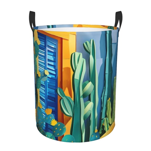 Rateoe Bright Paper Cactus Scene Pattern Round Laundry Hamper Basket, Tall Hamper Basket for Blanket Storage, Nursery Clothes Hamper for Laundry in Bedroom and College Dorm-Small