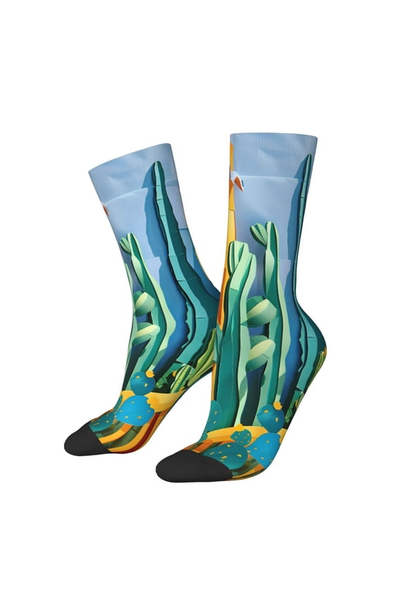 Bright Paper Cactus Scene for Women Casual Calf Socks - Cute Crew Socks - Thin Soft Above Ankle Socks Size 5-11