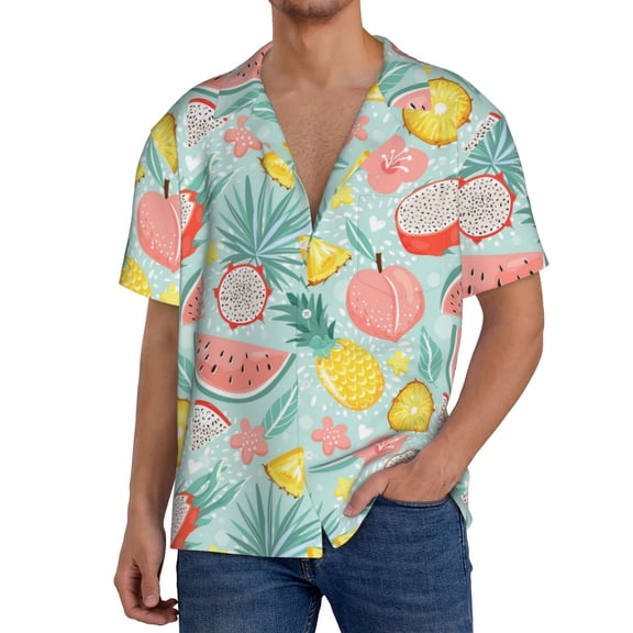 Rateoe Bright Peach Pattern Men's Short Sleeve Classic Shirt, Casual Short-Sleeved Shirt, Lightweight Summer Shirt, Cuban Collar Shirt,Button-Front Shirt-Large