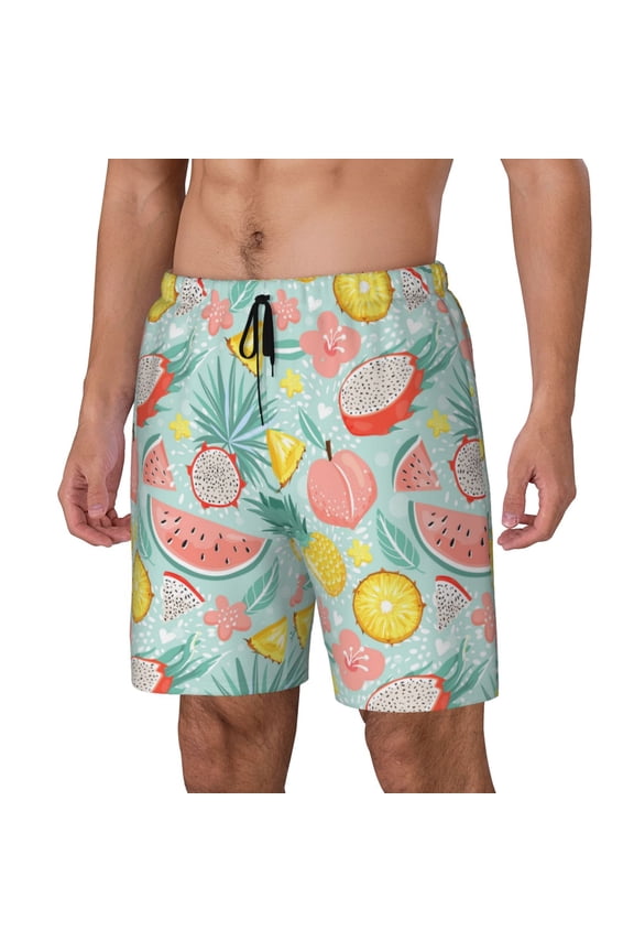 Bright Peach Pattern Men’s Swim Shorts with Compression Liner – Double-Layered Quick-Dry Swimwear, Comfortable & Stretchy Beach Shorts-X-Large