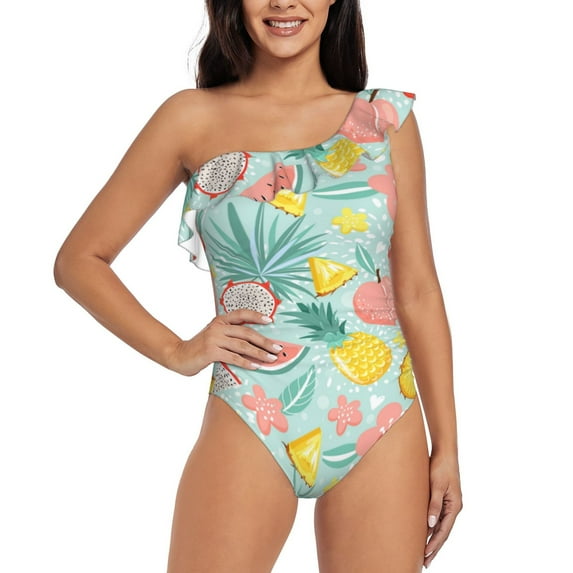 Rateoe Bright Peach Pattern Women One Piece Swimsuits Tummy Control One Shoulder Bathing Suits Ruffle Swimwear-