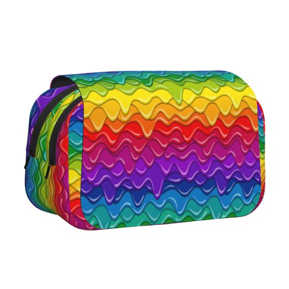 Rateoe Bright Rainbow Pattern Double Clamshell Pen Case, Storage Organizer with Two Zipper Compartments– Holds Up to 50 Pencils & Pens