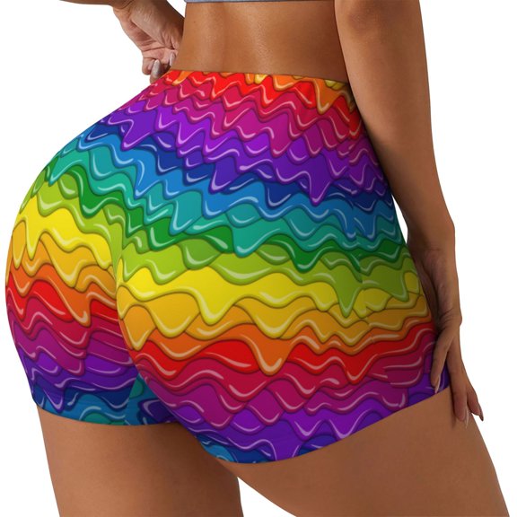 Rateoe Bright Rainbow Printed Power Workout Shorts for Women Tummy Control Squat Proof Ribbed Thick Seamless Scrunch Active Short-XX-Large