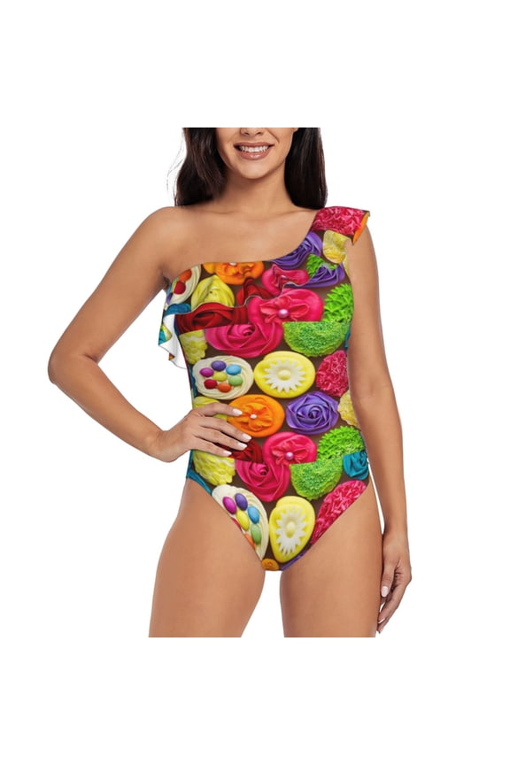 Brightly Colored Cupcakes Pattern Women One Piece Swimsuits Tummy Control One Shoulder Bathing Suits Ruffle Swimwear-Medium
