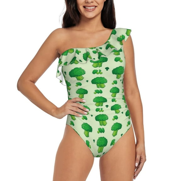 Rateoe Broccoli 1 Pattern Women One Piece Swimsuits Tummy Control One Shoulder Bathing Suits Ruffle Swimwear-Medium