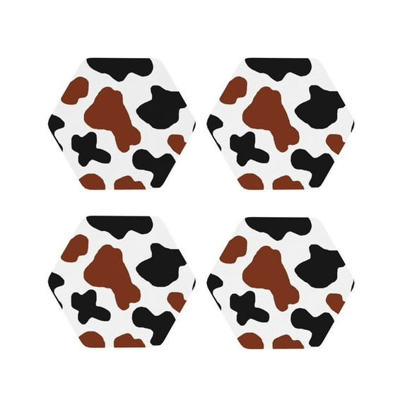 Rateoe Brown Black Cow Drawing Drink Coasters Set of 4 Leather Coasters Spill Protection for Table Desk,Durable and Non Slip Leather Coaster ,4 Inches Drink Mats-Hexagon