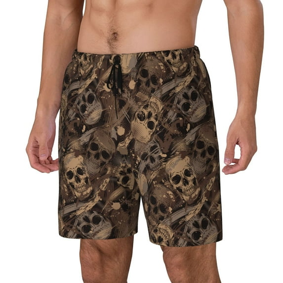 Rateoe Brown Camouflage Skull Pattern Men’s Swim Shorts with Compression Liner – Double-Layered Quick-Dry Swimwear, Comfortable & Stretchy Beach Shorts-Small