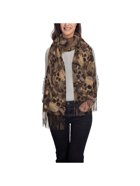 Brown Camouflage Skull Women's Traditional Scarf Wrap Tassel Shawl Fringes Neck Head Shawl Retro Scarf