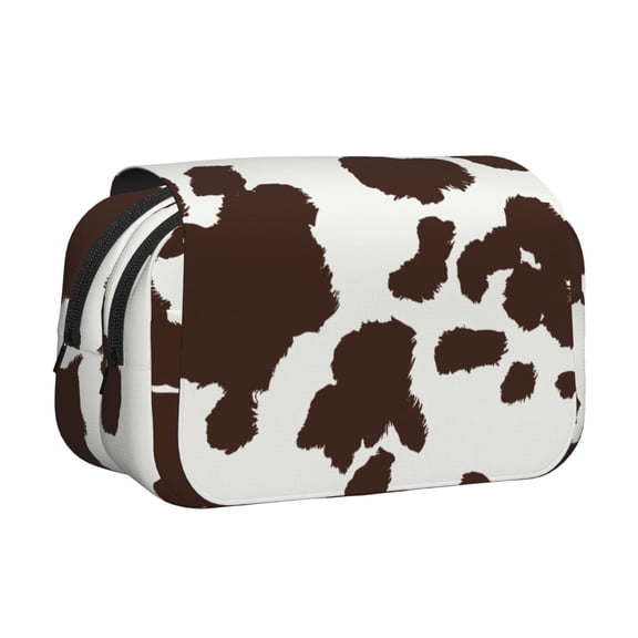 Rateoe Brown Cow Pattern Double Clamshell Pen Case, Storage Organizer with Two Zipper Compartments– Holds Up to 50 Pencils & Pens