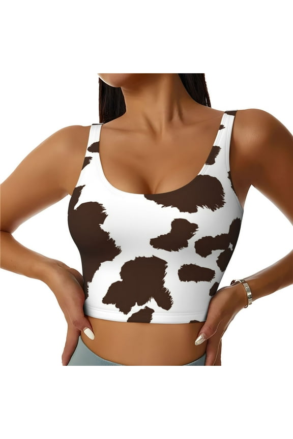 Brown Cow Print Womens' Sports Bras Scoop Neck Sports Vest- Padded U Back Seamless High Impact Support-Small