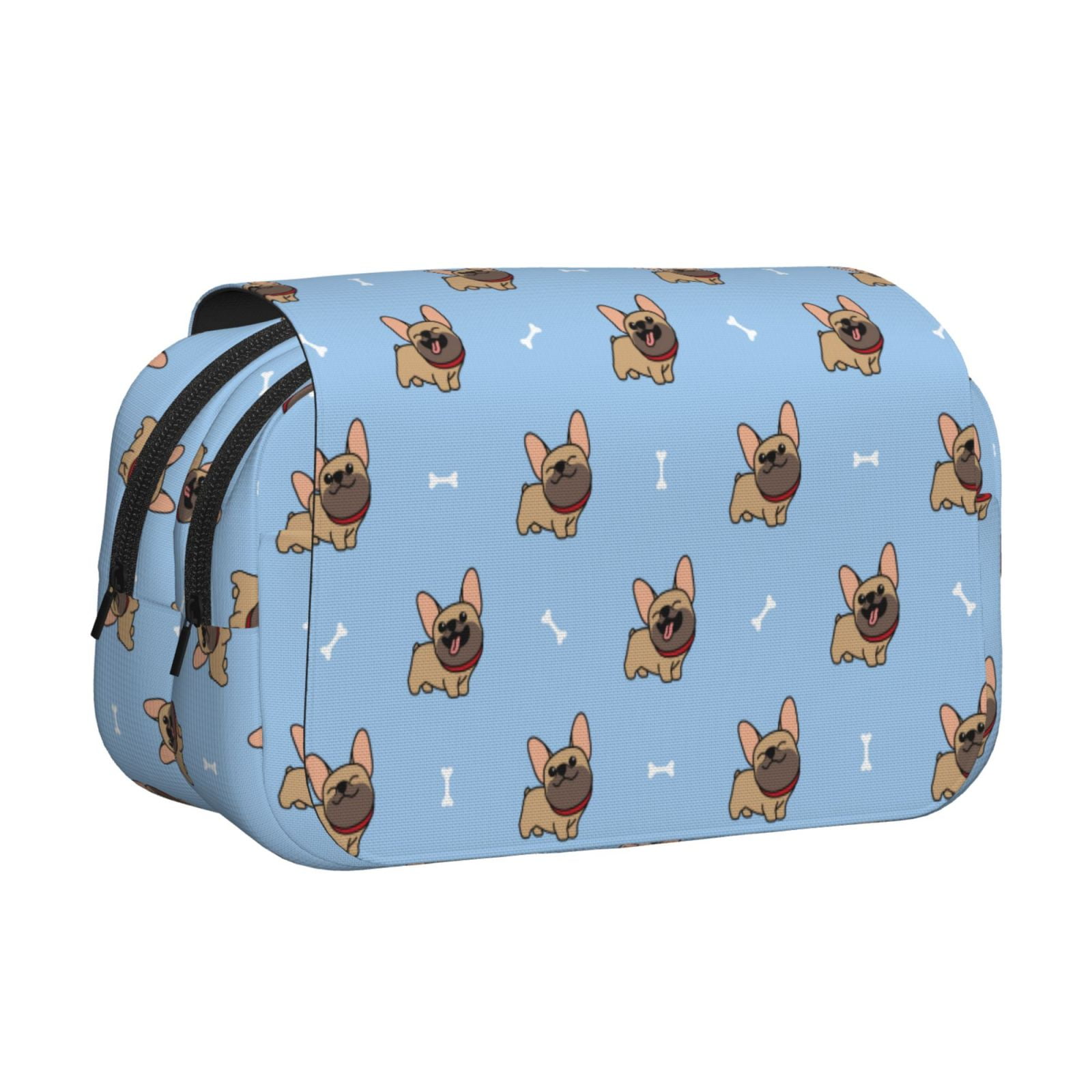 Rateoe Brown French Bulldog Pattern Double Clamshell Pen Case, Storage Organizer with Two Zipper Compartments– Holds Up to 50 Pencils & Pens