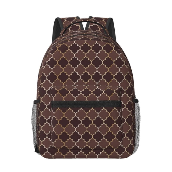 Rateoe Brown Gold Grid Pattern Durable Student Backpack Laptop Bag- Ergonomic Design, Waterproof Twill Fabric - Ideal for School, Travel, and Outdoor Activities