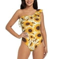 thumbnail image 1 of Rateoe Brown Leaf Pattern Sunflower Pattern Women One Piece Swimsuits Tummy Control One Shoulder Bathing Suits Ruffle Swimwear-Large, 1 of 6