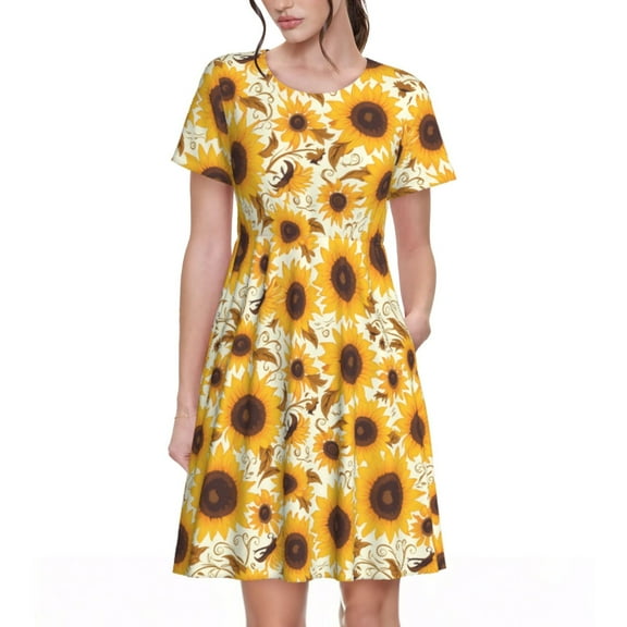 Rateoe Brown Leaf Pattern Sunflower Pattern Women’s Short Sleeve Dress – Casual Elegant Summer A-Line Dress for Everyday Wear