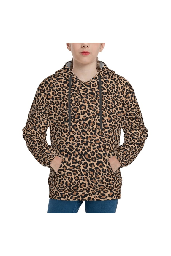 Brown Leopard Pattern Boys Hoodie, Youth Pullover Hooded Sweatshirt, Kangaroo Pocket Hoodie for Kids-Large