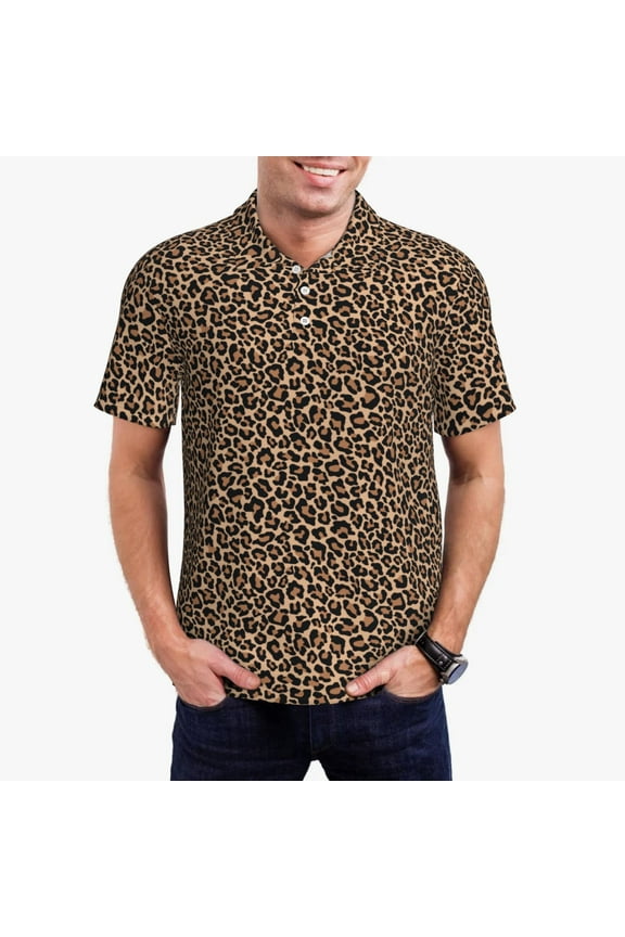 Brown Leopard Pattern Men's Short Sleeve Polo Shirts, Golf Polo Shirts Short Sleeve Performance Moisture Wicking Dry-Medium