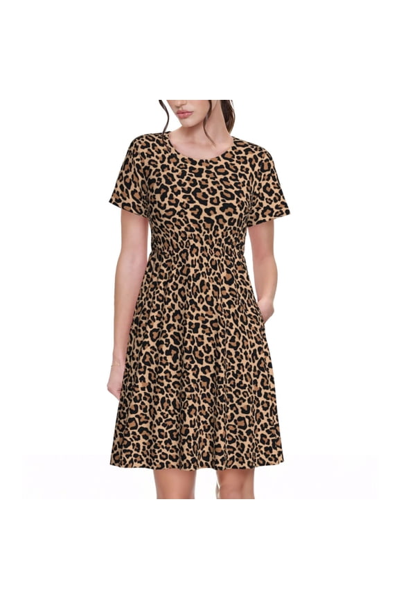 Brown Leopard Pattern Women’s Short Sleeve Dress – Casual Elegant Summer A-Line Dress for Everyday Wear