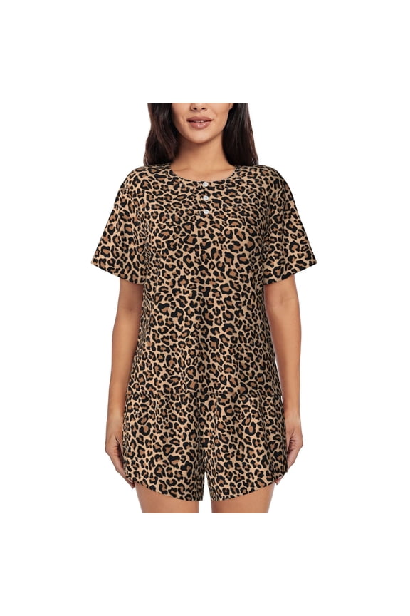 Brown Leopard Pattern Women's Short-Sleeved Pajama Set - 2 Piece Soft and Lightweight Sleepwear Set-4X-Large