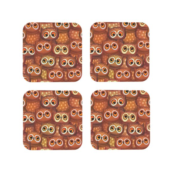 Rateoe Brown Owl Drawing Drink Coasters Set of 4 Leather Coasters Spill Protection for Table Desk,Durable and Non Slip Leather Coaster ,4 Inches Drink Mats-Square