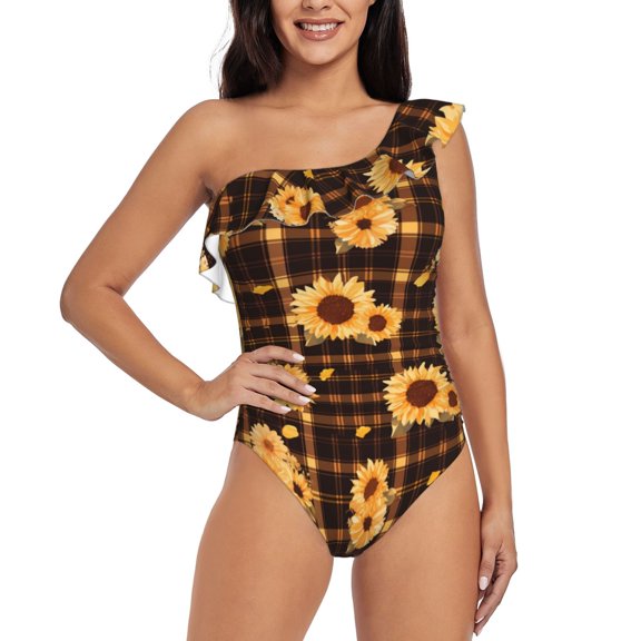 Rateoe Brown Plaid Sunflower Pattern Women One Piece Swimsuits Tummy Control One Shoulder Bathing Suits Ruffle Swimwear-