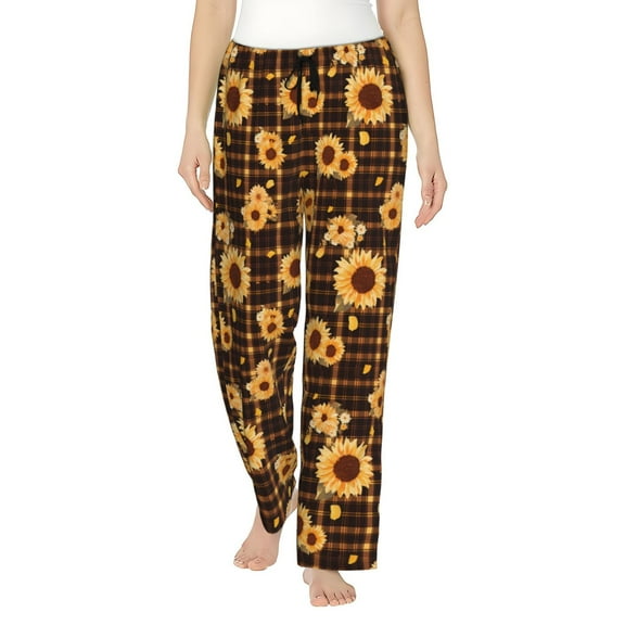 Rateoe Brown Plaid Sunflower Pattern Women’s Ultra-Soft Comfy Pajama Lounge Pants Sleepwear,Comfortable Lounge Wear,lightweight Pajamas, Casual Home Wear-X-Large