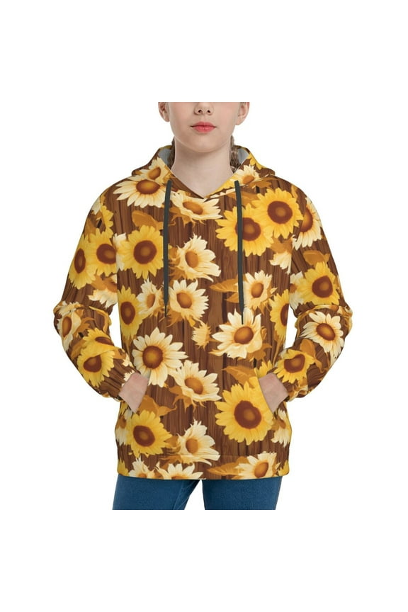 Brown Wood Grain Sunflower B Pattern Boys Hoodie, Youth Pullover Hooded Sweatshirt, Kangaroo Pocket Hoodie for Kids-Medium
