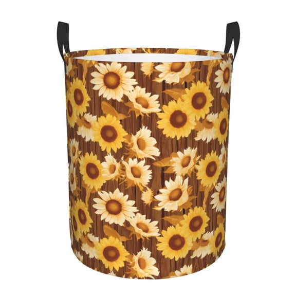 Rateoe Brown Wood Grain Sunflower B Pattern Round Laundry Hamper Basket, Tall Hamper Basket for Blanket Storage, Nursery Clothes Hamper for Laundry in Bedroom and College Dorm-Small