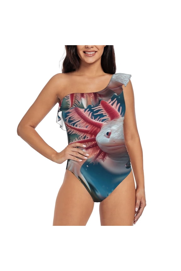 Bubbles Axolotl Fantasy Pattern Women One Piece Swimsuits Tummy Control One Shoulder Bathing Suits Ruffle Swimwear-