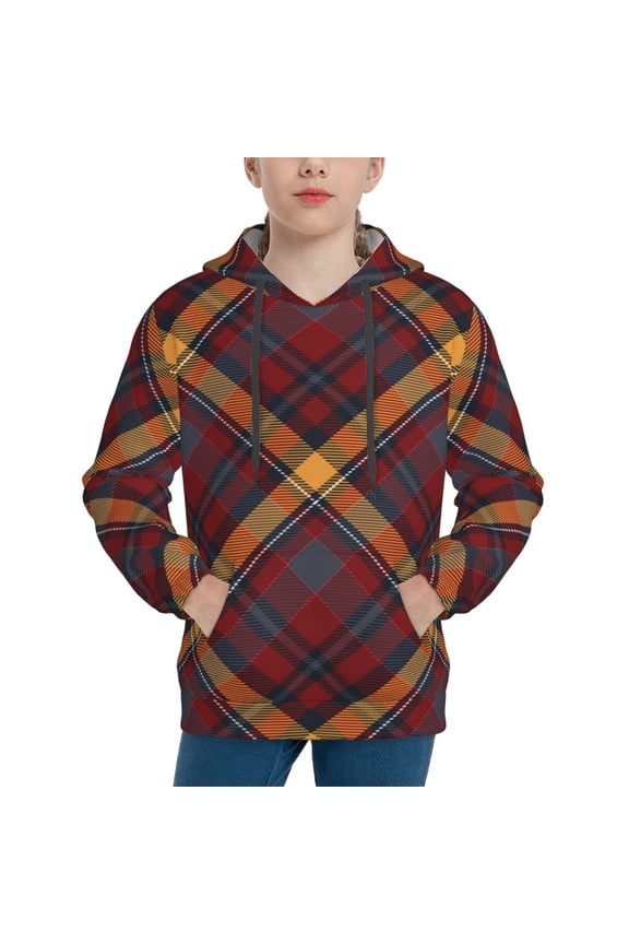Buffalo Check Plaid Pattern Boys Hoodie, Youth Pullover Hooded Sweatshirt, Kangaroo Pocket Hoodie for Kids-Medium