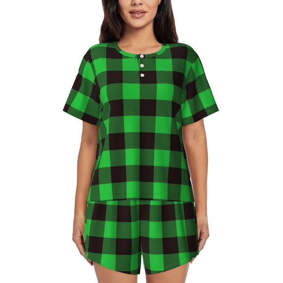 Rateoe Buffalo Plaid Green Black Pattern Women's Short-Sleeved Pajama Set - 2 Piece Soft and Lightweight Sleepwear Set-Large