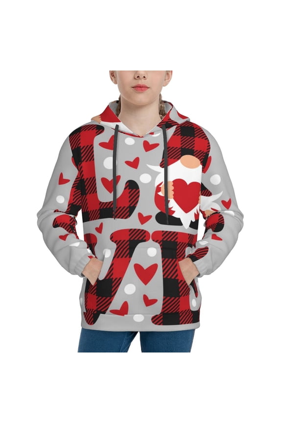 Buffalo Plaid Love And Gnome Pattern Boys Hoodie, Youth Pullover Hooded Sweatshirt, Kangaroo Pocket Hoodie for Kids-Small