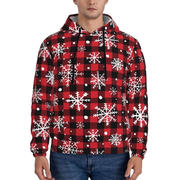 Rateoe Buffalo Plaid Snowflakes Pattern Mens Hoodie, Pullover Hooded Sweatshirt, Kangaroo Pocket Hoodie Ideal for Daily Wear, Travel and Home-Medium