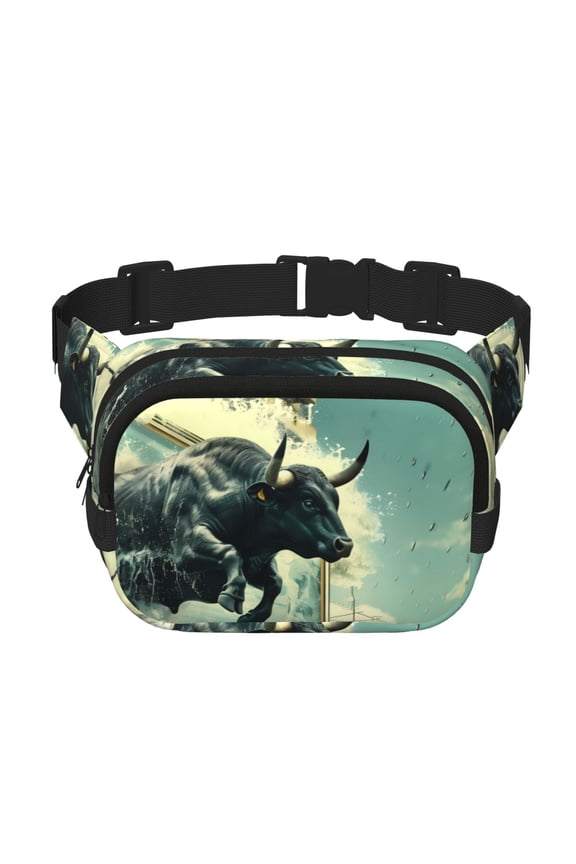 Bull Charging Through Waves Print Fanny Pack Belt Bag for Women and Men, Square Double-Layer Waterproof Waist Pack with Adjustable Strap for Hiking, Jogging, Cycling