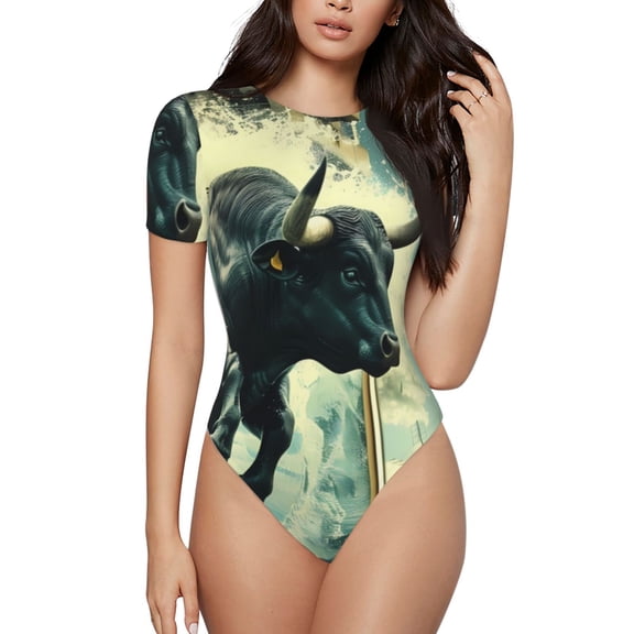 Rateoe Bull Charging Through Waves Printed Women Rash Guard Short Sleeve,Tummy control Swimsuit Surfing Swimsuit Bathing Suit Short-sleeved Onesie UPF 50+ -XX-Large