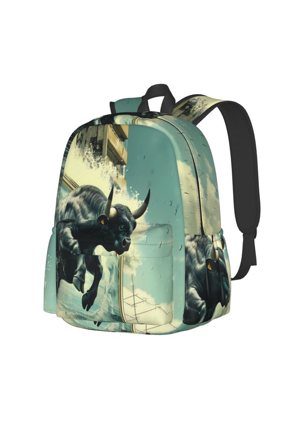 Bull Charging Through Waves Pattern Student Backpack,Backpack for School,Lightweight Bag,Travel Backpack,Outdoor Backpack,Large Capacity Backpack