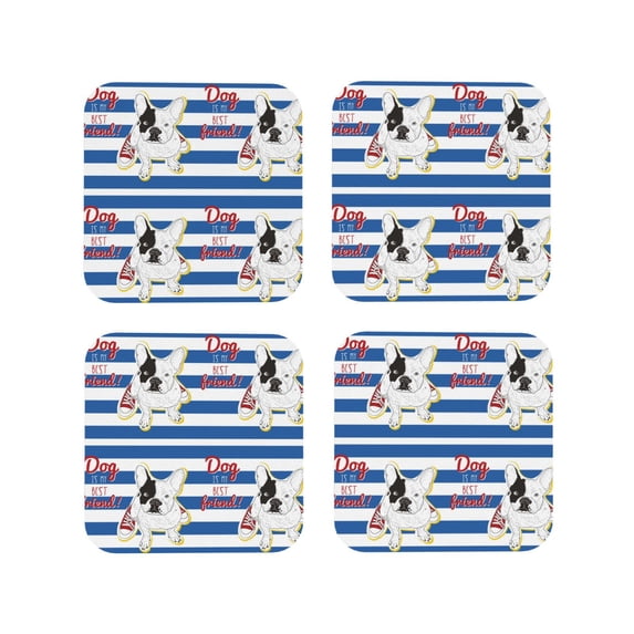 Rateoe Bulldog Friend Drawing Drink Coasters Set of 4 Leather Coasters Spill Protection for Table Desk,Durable and Non Slip Leather Coaster ,4 Inches Drink Mats-Square