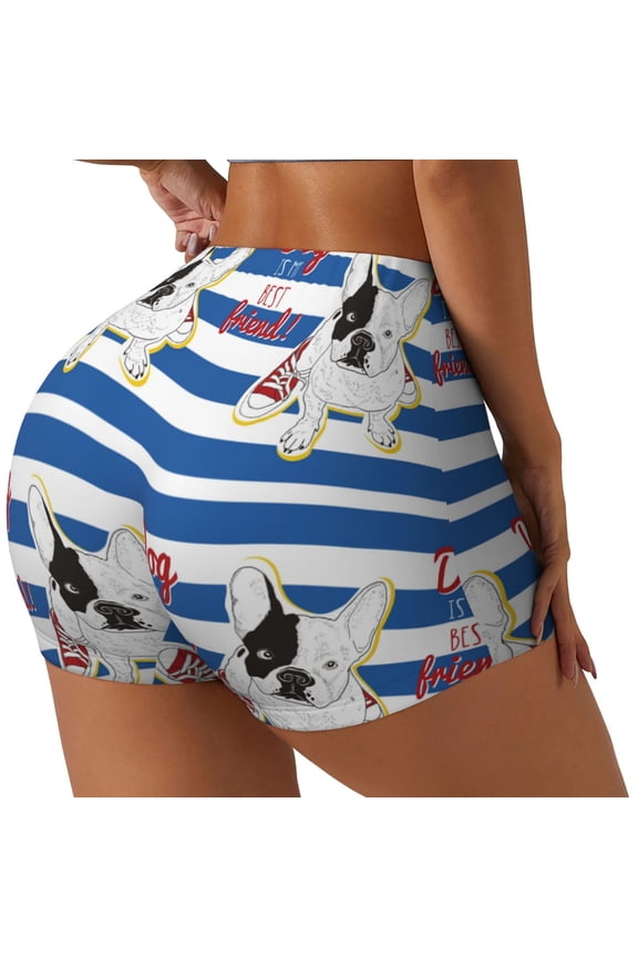 Bulldog Friend Printed Power Workout Shorts for Women Tummy Control Squat Proof Ribbed Thick Seamless Scrunch Active Short-Medium