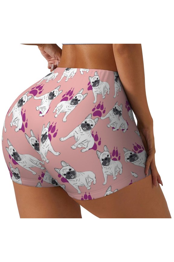 Bulldog Printed Power Workout Shorts for Women Tummy Control Squat Proof Ribbed Thick Seamless Scrunch Active Short-Large