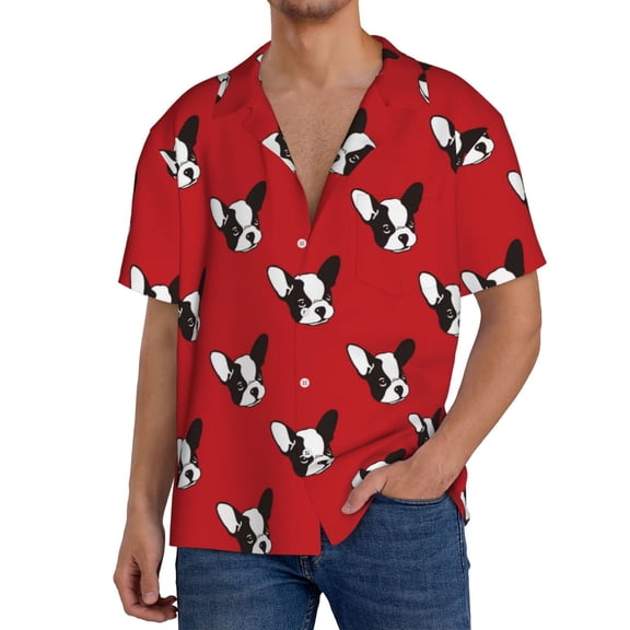 Rateoe Bulldog Red Pattern Men's Short Sleeve Classic Shirt, Casual Short-Sleeved Shirt, Lightweight Summer Shirt, Cuban Collar Shirt,Button-Front Shirt-X-Large