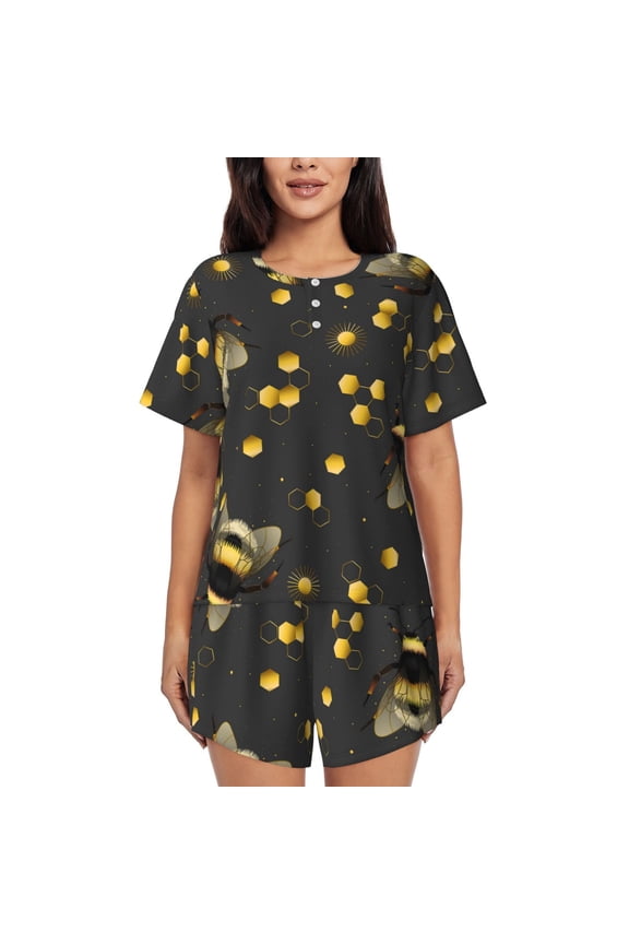Bumblebee Pattern Women's Short-Sleeved Pajama Set - 2 Piece Soft and Lightweight Sleepwear Set-Medium