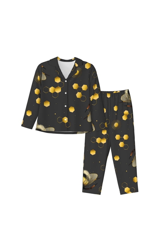 Bumblebee Pattern Womens Pajamas Set Long Sleeve Sleepwear Button Down Nightwear Soft Cotton Pj Lounge Sets