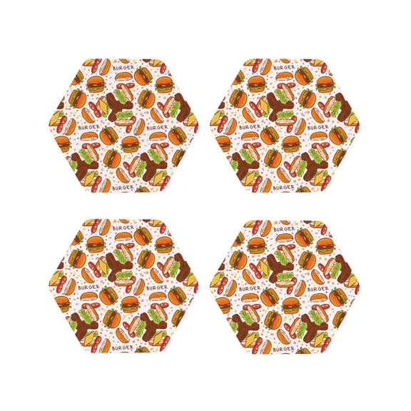 Rateoe Burger Drawing Drink Coasters Set of 4 Leather Coasters Spill Protection for Table Desk,Durable and Non Slip Leather Coaster ,4 Inches Drink Mats-Hexagon