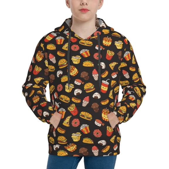 Rateoe Burger Fries Pattern Boys Hoodie, Youth Pullover Hooded Sweatshirt, Kangaroo Pocket Hoodie for Kids-Large
