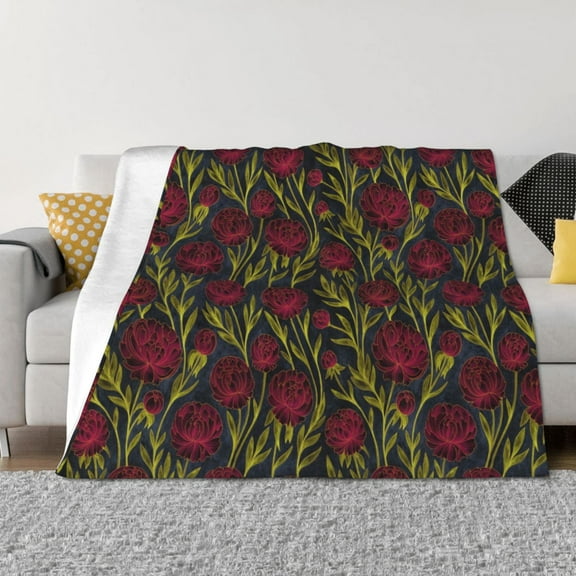 Rateoe Burgundy Peony Flowers Pattern Flannel Throw Blanket, Ultra-soft Blanket for Bed, Couch, Car, Hypoallergenic Anti-pilling blanket-40"x30"(Horizontal)