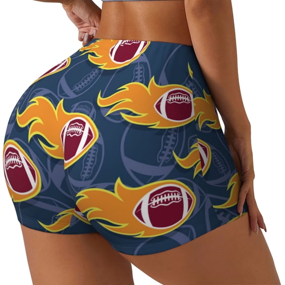 Rateoe Burning Rugby Balls Printed Power Workout Shorts for Women Tummy Control Squat Proof Ribbed Thick Seamless Scrunch Active Short-Small