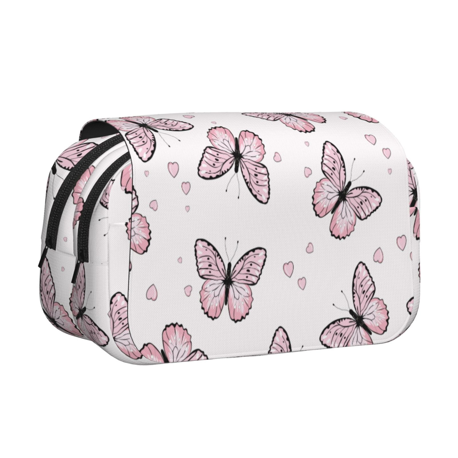 Rateoe Butterflies (2) Pattern Double Clamshell Pen Case, Storage Organizer with Two Zipper Compartments– Holds Up to 50 Pencils & Pens