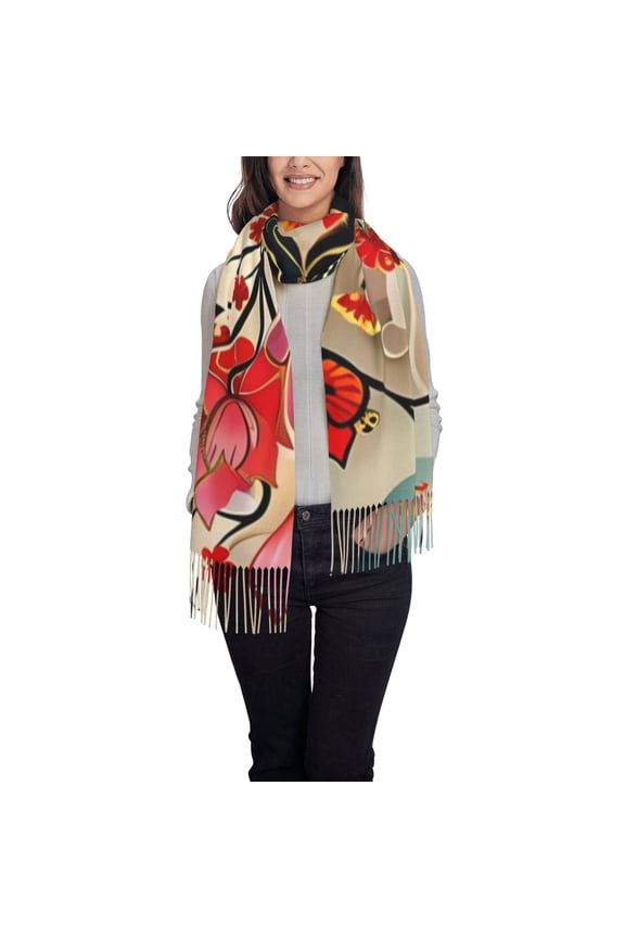 Butterflies And Flowers Painting Women's Traditional Scarf Wrap Tassel Shawl Fringes Neck Head Shawl Retro Scarf