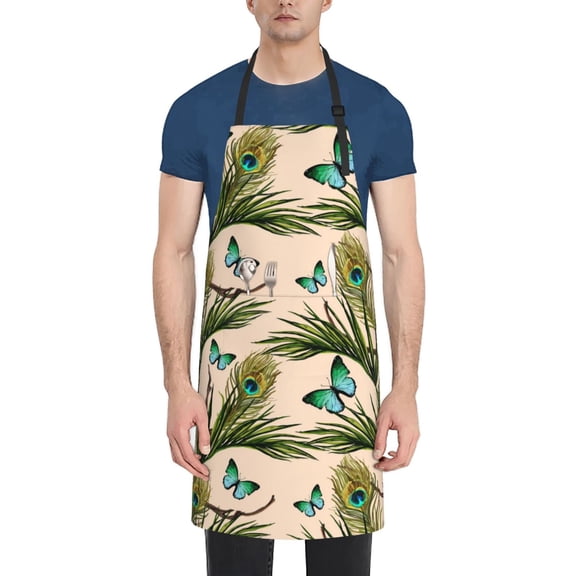 Rateoe Butterflies And Peacock Feathers Aprons with Pocket,Men Womens Aprons Waterproof Adjustable Cooking Aprons for Kitchen Gardening and Salon