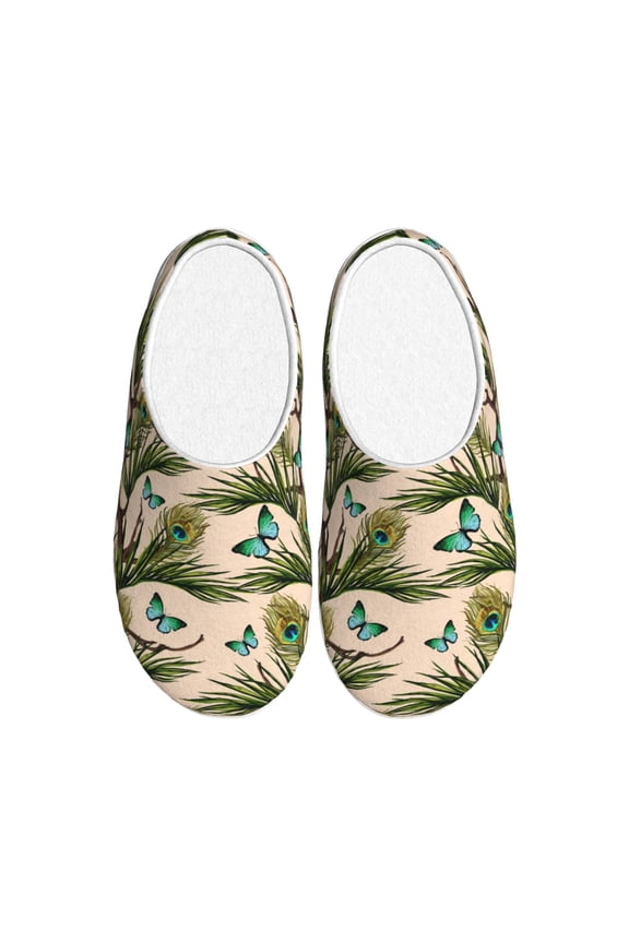 Butterflies And Peacock Feathers Print Women's Men's Cotton Knit Slippers Lightweight Memory Foam Indoor House Shoes with Anti-Skid Sole-39/40
